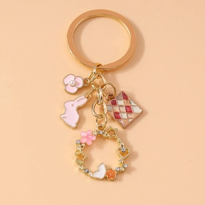 Cute Rabbit Wreath Keychain Pink Enamel Flower Cat Star Alloy Pendant Bag Charm For Women Girls Cartoon Style