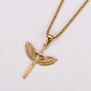 Macro shot of a golden winged sword pendant on a sturdy stainless steel box chain