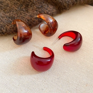 C-Shape Hoop Earrings Vintage Maillard Style Semi-Transparent Resin Smudge Geometric 925 Sterling Silver Earring Post