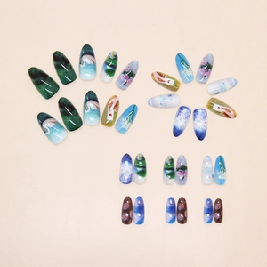 Artistic press-on nails featuring floral oil painting designs in various vibrant colors
