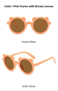 Detailed front and side views of pink bear-ear sunglasses with brown round lenses