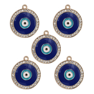 Detailed view of five blue Evil Eye round charms with gold frames and inlaid rhinestones
