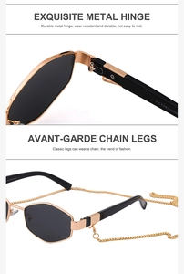Close-up of golden irregular metal frame sunglasses featuring a stylish link chain temple detail