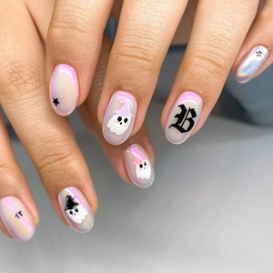 Halloween Ghost Press On Nails Purple Holographic Oval False Nails Gothic Letter Star Pattern For Women