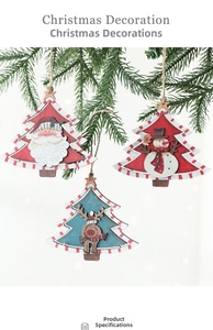 Detail view of retro wooden Christmas tree ornaments with hand-painted Santa and snowman