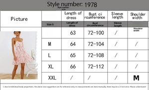 Size chart showing S-XL measurements for a floral print spaghetti strap mini dress