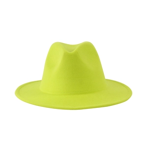 Classic fluorescent yellow felt fedora hat with teardrop crown and flat wide brim