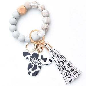 Leopard silicone bead wristlet keychain with Mama cow head charm and tassel pendant