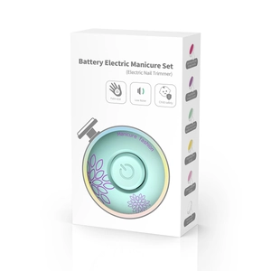 Detail view of electric manicure set packaging with descriptions of 6 grinding heads