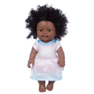 Detail of 12-inch African baby doll in a pink and blue gradient dress with curly hair