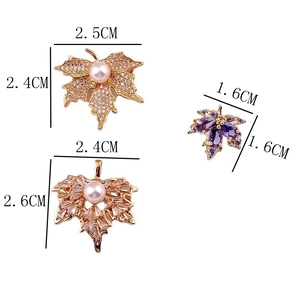 Detailed size comparison for maple leaf brooches with micro-pave zircons and pearls