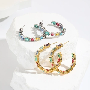 Geometric C-Shape Hoop Earrings Copper Multicolor Zirconia Square Waterdrop Stones Gold Plated Fashion Jewelry Women