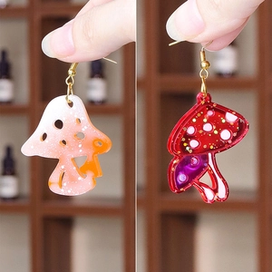 Acrylic mushroom dangle earrings in pink orange and red with gold metal hooks for women