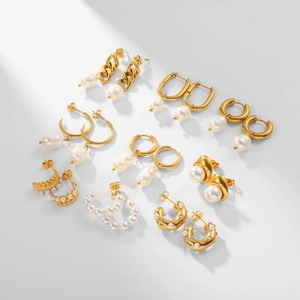 Assorted 18K gold stainless steel earrings set with white pearls and crystals