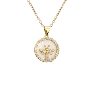 Goldene runde Kette mit weißem Muschelinlay, Libelle und Mikro-Zirkonia-Kristallen