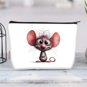 Detailed view of canvas makeup bag featuring a cute cartoon mouse print and black zipper