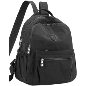 Side view of black nylon backpack showing multi-pocket design and adjustable straps