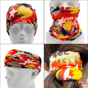 Multipurpose slouchy beanie and neck gaiter with vibrant yellow and red color-blocking design