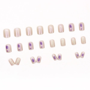 Short square lavender press-on nails with aurora shimmer and purple gradient design