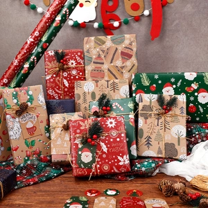 Christmas Gift Wrapping Paper Kraft Retro Santa Claus Snowflake Reindeer DIY Holiday Packaging With Twine And Tags