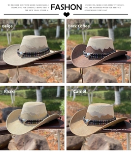 Western straw cowboy hats in four colors with ethnic embroidery and bull head metal badge