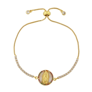 Adjustable gold Virgin Mary bracelet with abalone shell inlay and multicolor zircons