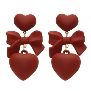 Vintage Ancora red bow and double heart earrings in matte finish for women