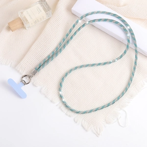 Detail of blue and silver rhinestone mesh phone lanyard with metal clip and T-shaped pad