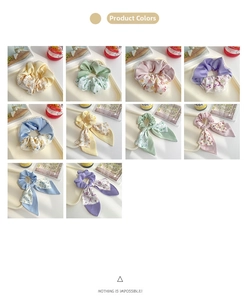 Assorted French floral bow scrunchies and hair ties in various pastel colors