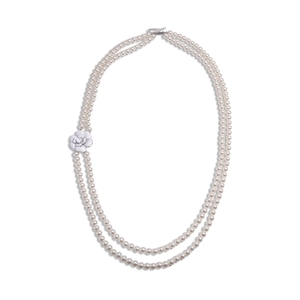 Elegant double-layer faux pearl necklace with white camellia flower pendant and adjustable chain