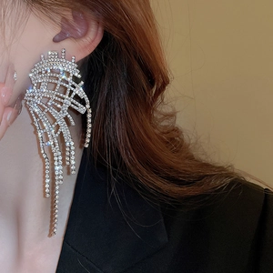 Close-up of dangling rhinestone tassel earrings with silver wing-shaped mesh design