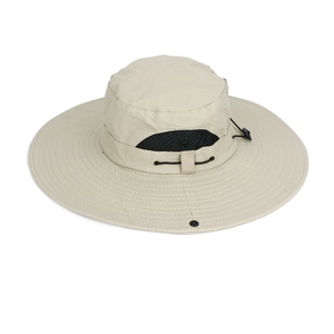 Detail view of beige quick-dry sun hat showing breathable mesh and adjustable chin strap