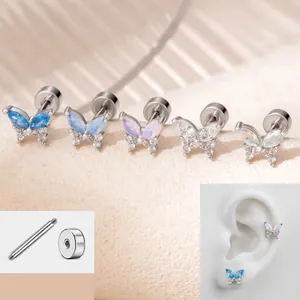 Butterfly Stud Earrings Titanium Steel Zircon Synthetic Opal Cartilage Piercing Jewelry Screw Flat Back For Women