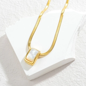 Minimalist 18K gold snake chain necklace with rectangular mother of pearl pendant