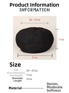 Size chart showing denim beret hat dimensions with 54-57cm circumference and 11cm depth
