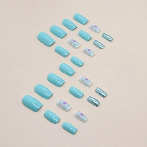 Light blue vintage floral square press-on nails set with glitter and marble art design
