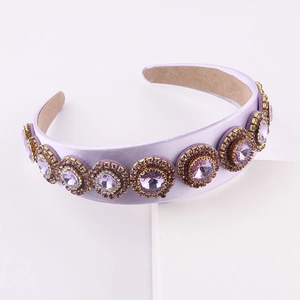 Baroque purple satin headband with colorful rhinestones and gold-tone gemstone accents