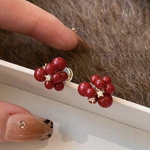 Vintage Red Berry Flower Cluster Stud Earrings With Silver Earring Post Zircon Accents Gold Plated Jewelry For Women