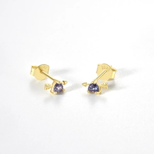 925 silver gold-plated heart earrings with purple stone and cupid arrow design