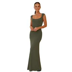 Robe longue moulante vert olive à col carré et fente latérale sexy pour femme chic