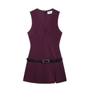 Vestito Mini Senza Maniche Da Donna Scollo A V Con Cintura Orlo Pieghettato Poliestere Elegante Tinta Unita