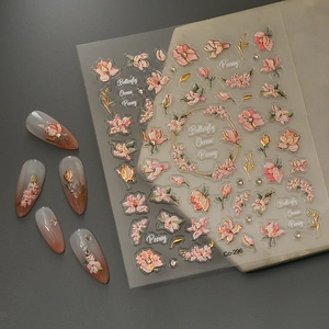 5D embossed peony and butterfly nail stickers with gold foil texture, Co-296 design