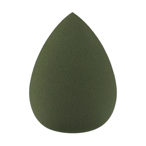Macro detail of olive green teardrop makeup sponge showing soft non-latex breathable texture