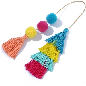 Colorful bohemian cotton tassel keychain with multi-color pom poms and fringe pendant