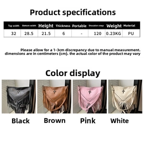 Size chart and color display for vintage rivet tassel crossbody bag with PU material detail