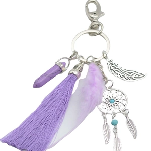Bohemian dreamcatcher keychain with purple tassel, feather pendant and crystal stone