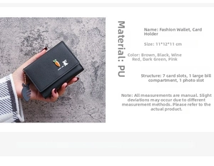 Detail view of black PU leather wallet with rabbit logo and 7 card slots layout