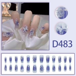 Blue gradient press-on nails with 3D rose butterfly and pearl decorations