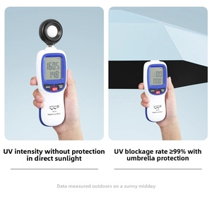 UV test of portable umbrella showing WT81 meter with 99% ultraviolet blocking rate