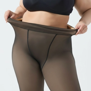 Plus size fleece lined leggings with fake translucent skin effect and high elasticity